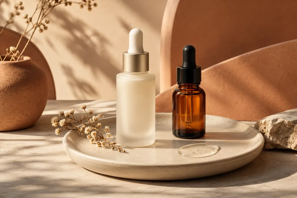 Unbranded frosted and amber facial-serum bottles on a warm ceramic tray.